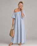 Zamrina | Striped Off Shoulder Puff Sleeve Midi Dress