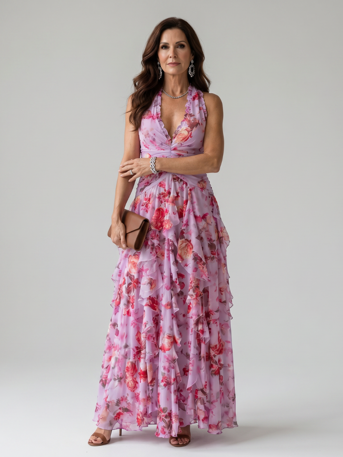 Nori | Halter Neck Ruched Bodice Floral Maxi Dress