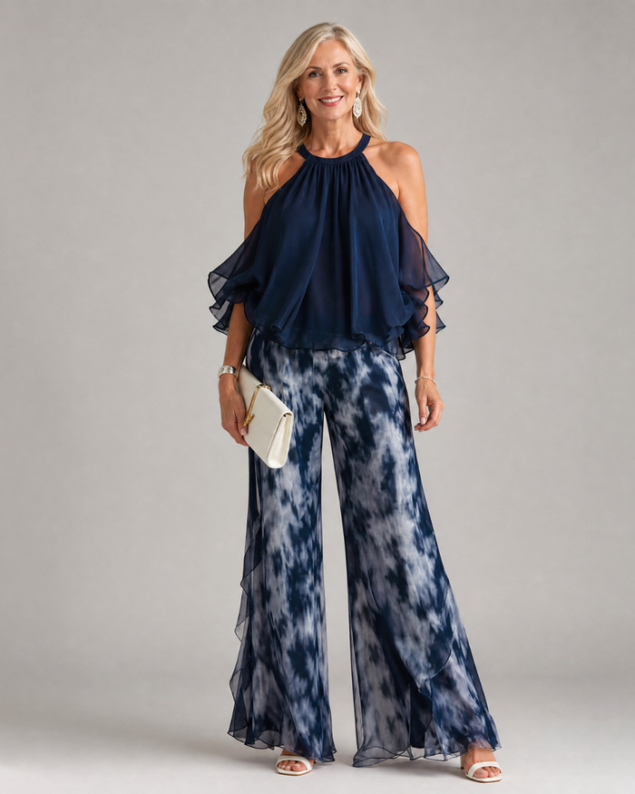 Xylara | Layered Halter Neck Printed Wide Leg Set