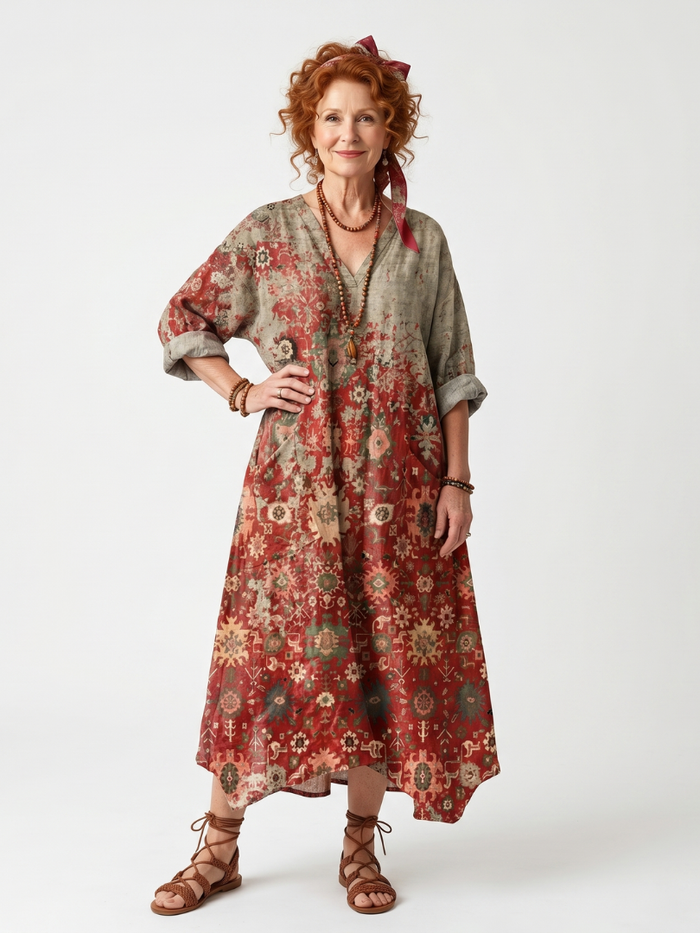 Saffron | Mixed Pattern Relaxed Pocket Midi Dress