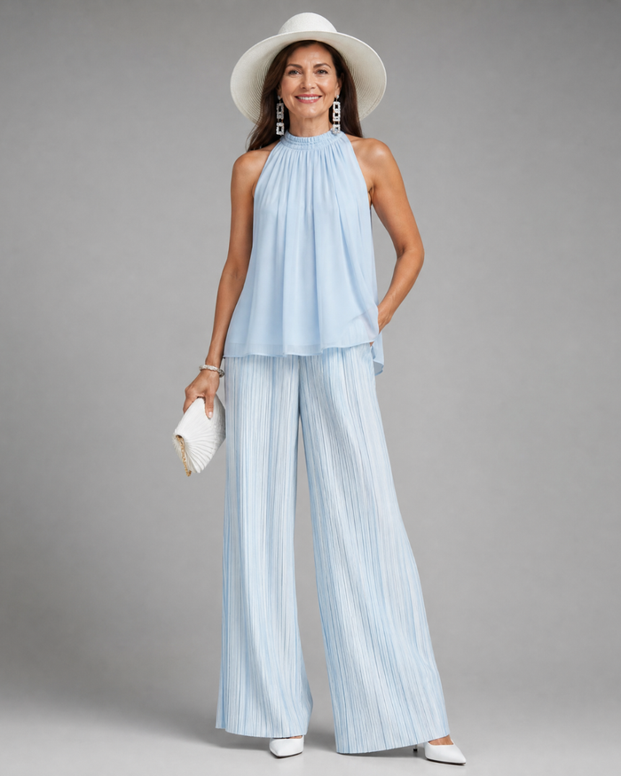 Sylmara | Halter Neck Flowing Top And Pleated Wide Leg Pants Set