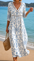 Soft Midi Dress with Classic Blue Pattern