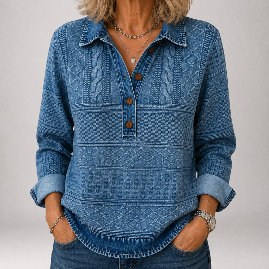 Jorunn™ | Jacquard Denim-Wash Polo Sweater