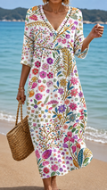 Soft Midi Dress with Elegant Multicolor Floral Pattern