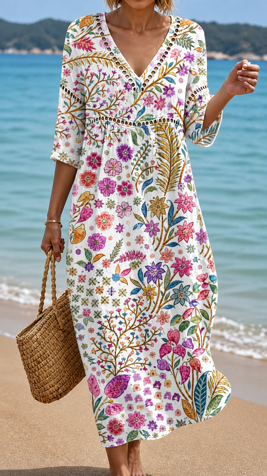 Soft Midi Dress with Elegant Multicolor Floral Pattern