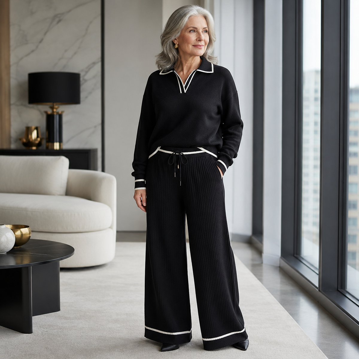 Harrington Ribbed Wide-Leg Lounge Set