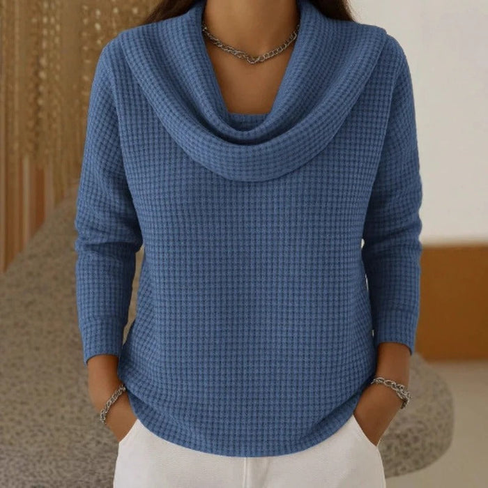 Natalia – Warm Waffle Sweater with Elegant Waterfall Neck
