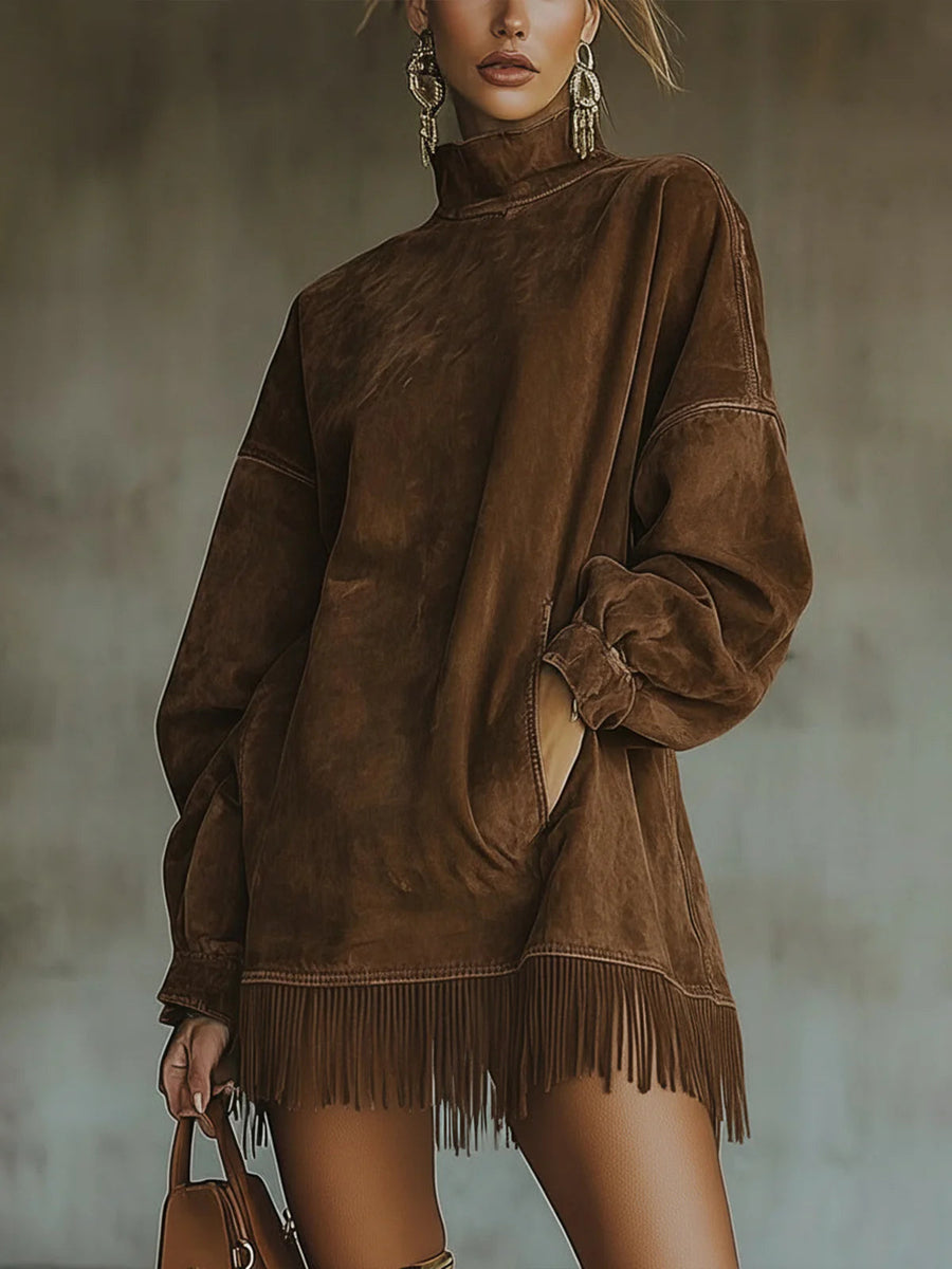 Gabriela | Suede Dress with High Neck and Fringe