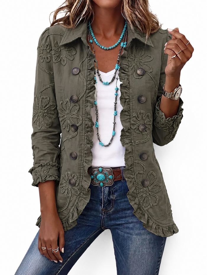 Kamberly™ | Boho-Chic Floral Embroidered Utility Ruffled Trim Jacket