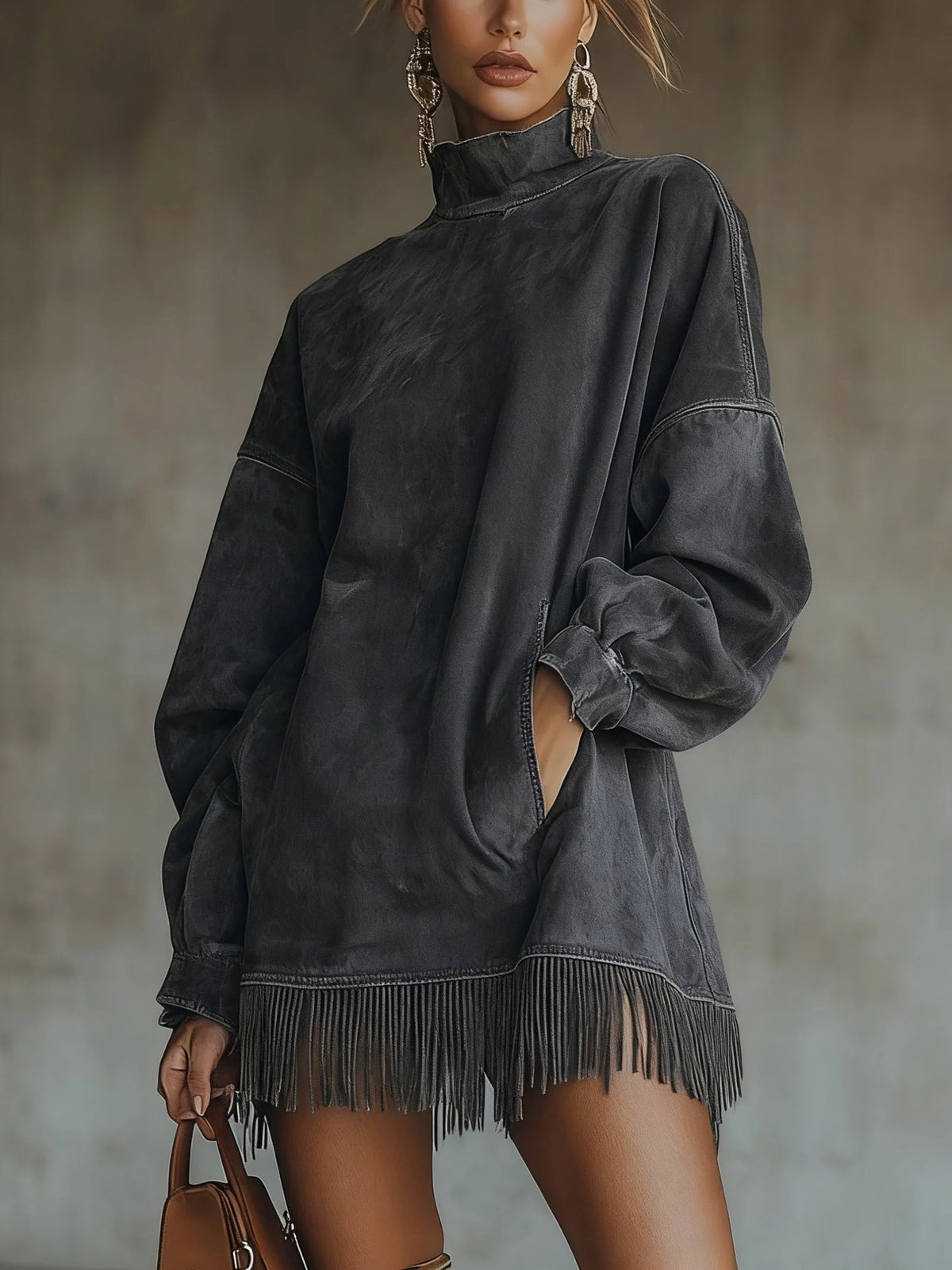 Gabriela | Suede Dress with High Neck and Fringe