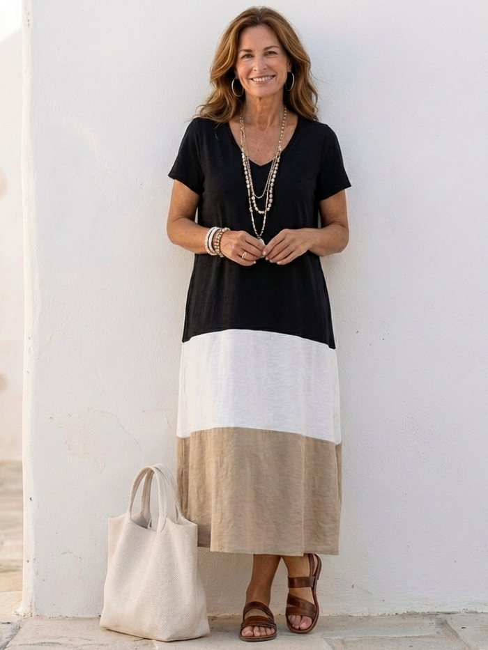 Thalia | Short Sleeve Colour Block V Neck Midi Dress