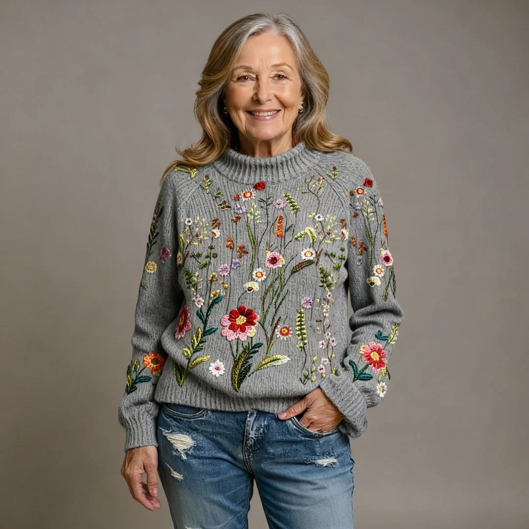 Loisa – Vintage Floral Roll Neck Knitted Sweater